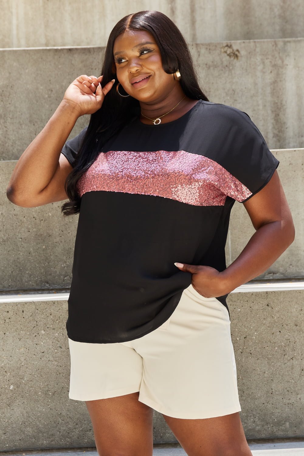 Sew In Love - Center Sequin Stripe Top in Black Mauve