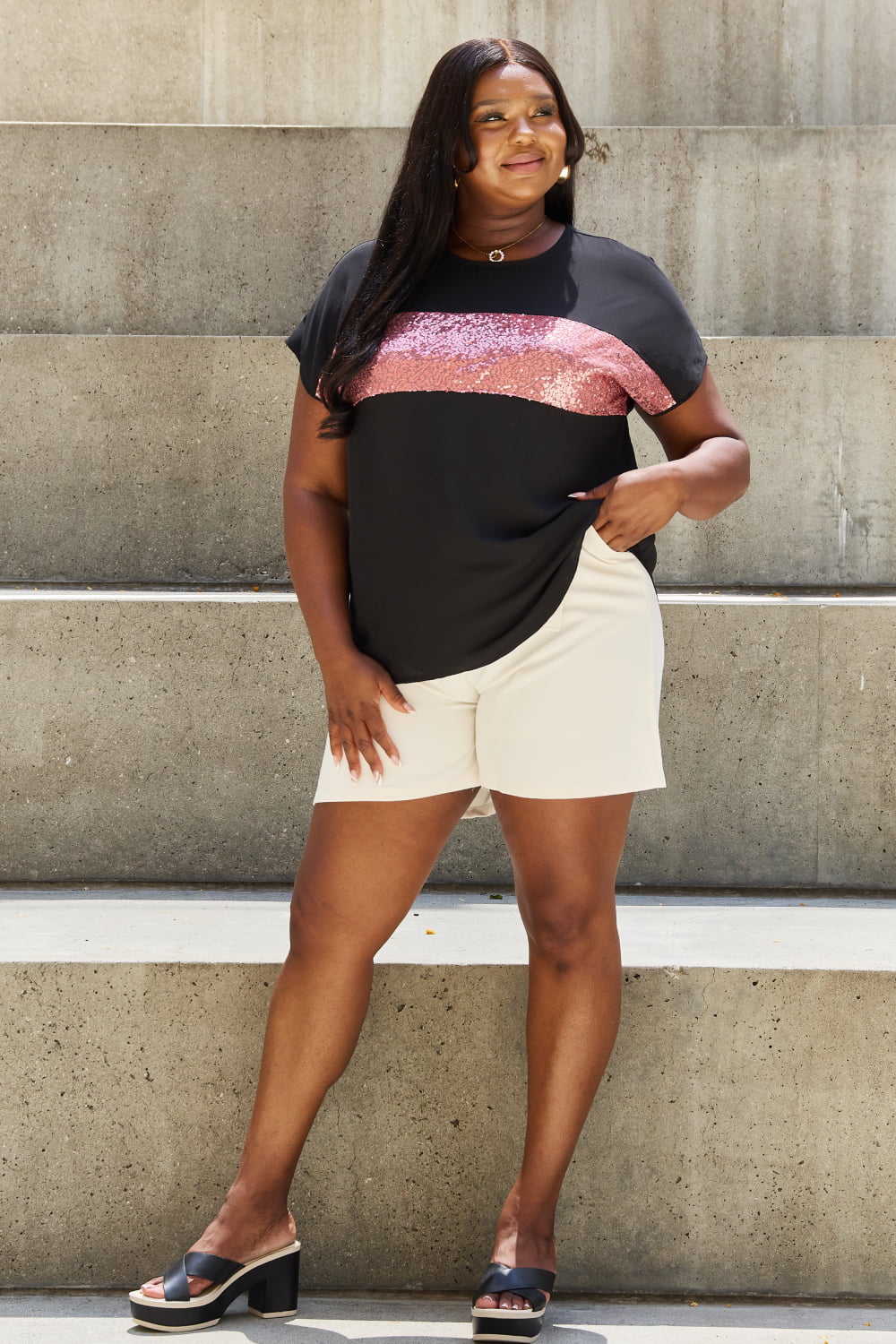 Sew In Love - Center Sequin Stripe Top in Black Mauve