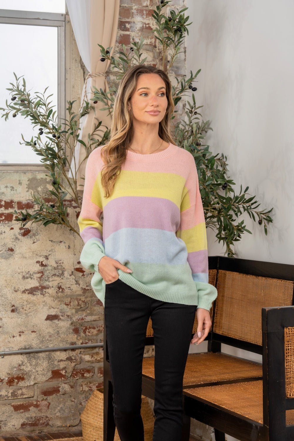 Sew In Love - Color Block Dropped Shoulder Sweater in Pastel Mint Multi