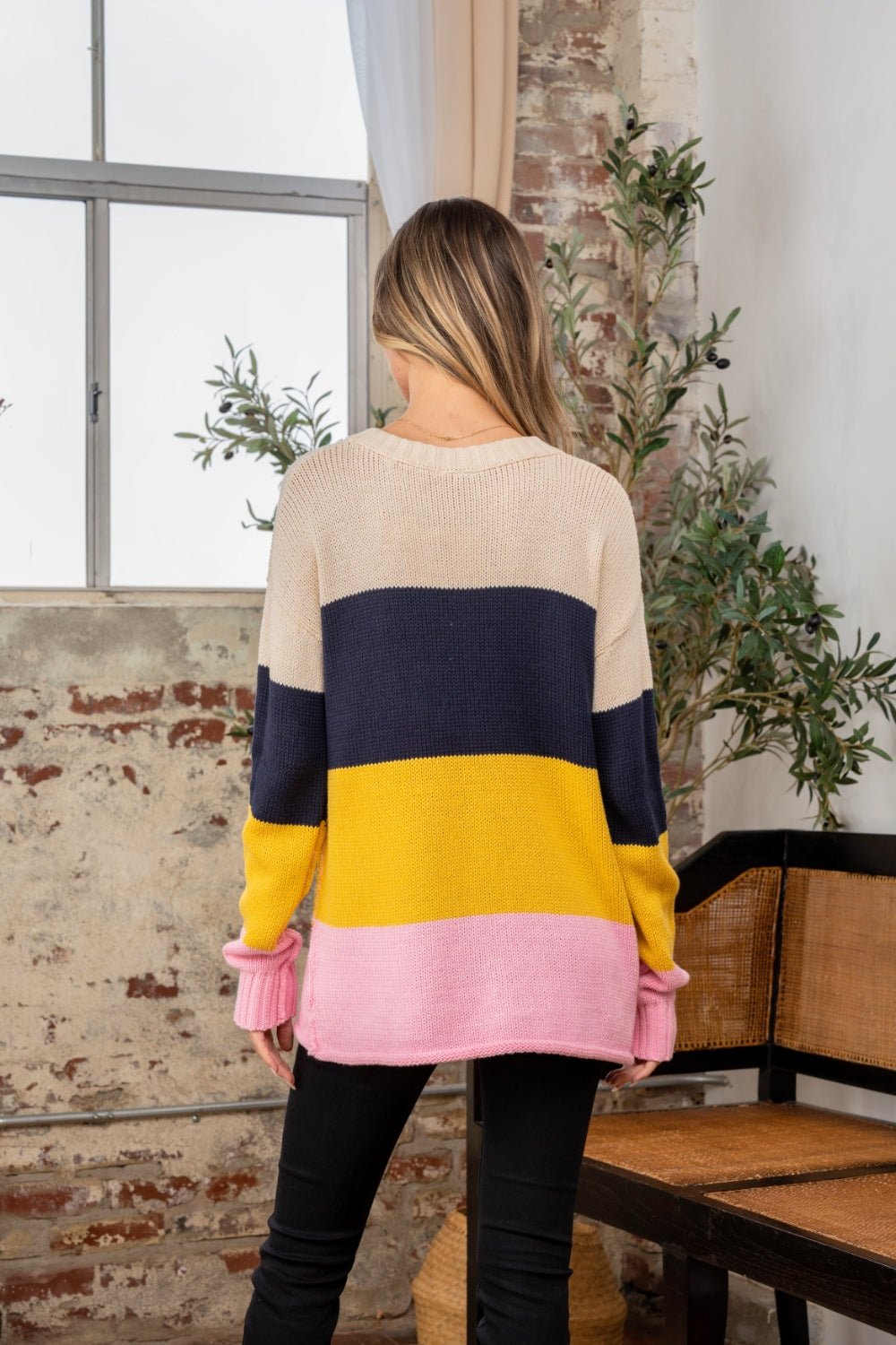 Sew In Love - Color Block Exposed Seam Sweater in Navy Blush