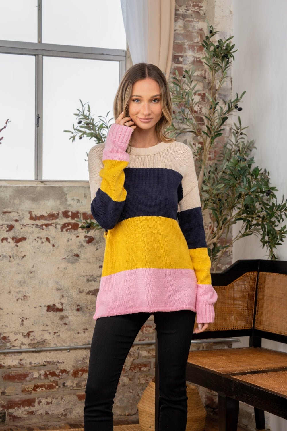 Sew In Love - Color Block Exposed Seam Sweater in Navy Blush