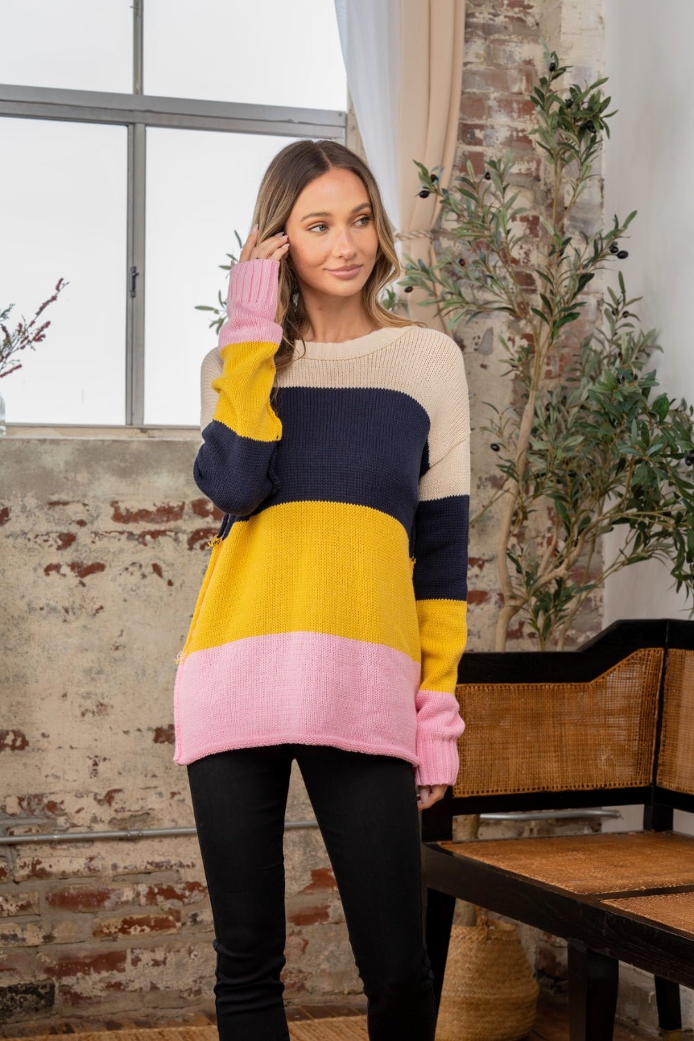 Sew In Love - Color Block Exposed Seam Sweater in Navy Blush