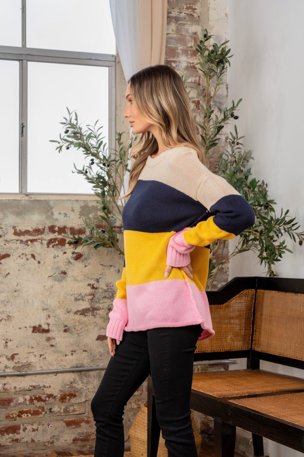 Sew In Love - Color Block Exposed Seam Sweater in Navy Blush