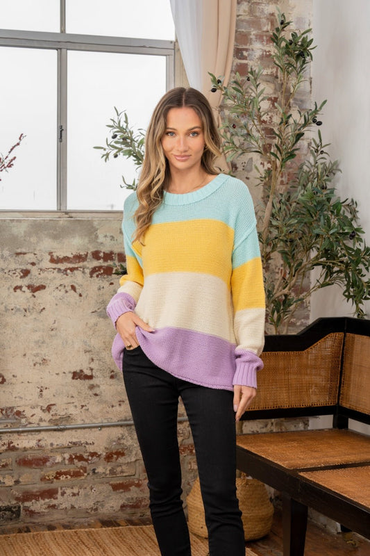 Sew In Love - Color Block Exposed Seams Sweater in Yellow Lilac