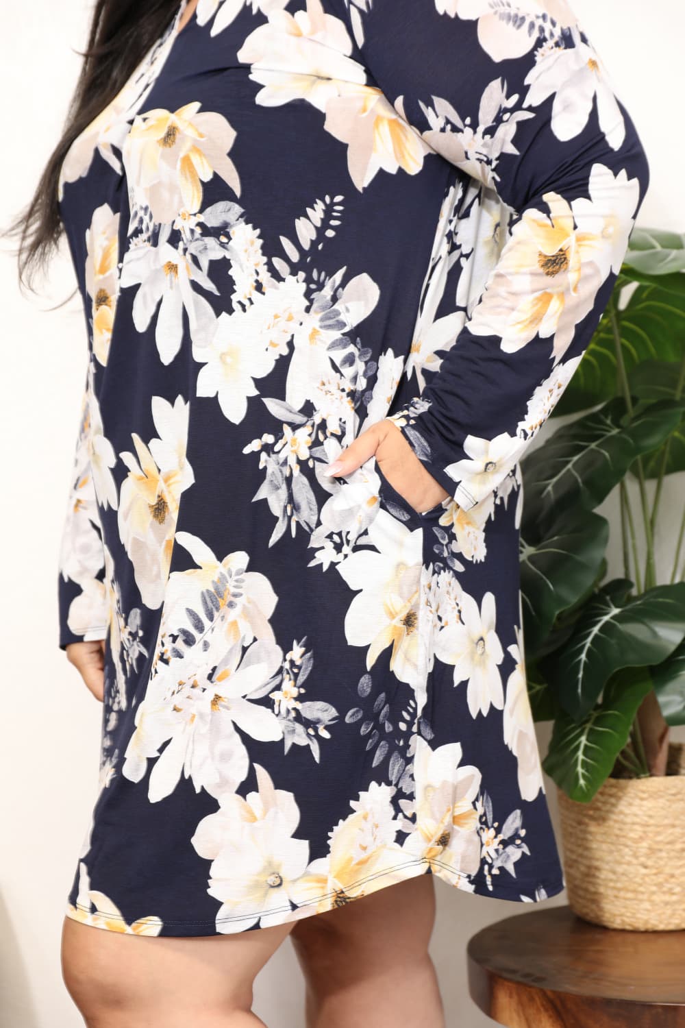 Sew In Love - Flower Print Long Sleeve Mini Shirt Dress in Dark Blue