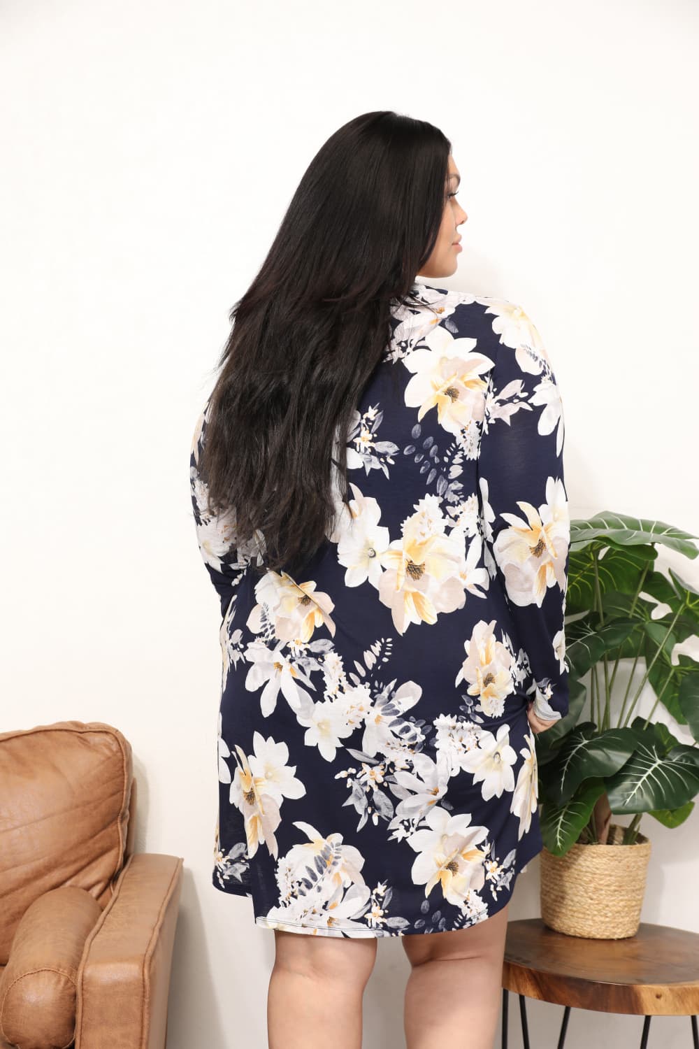 Sew In Love - Flower Print Long Sleeve Mini Shirt Dress in Dark Blue