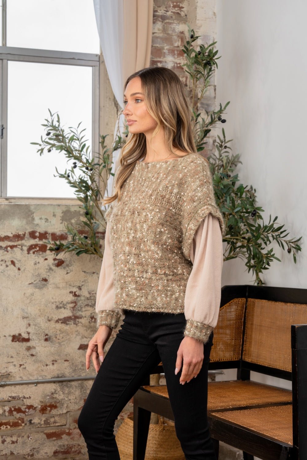 Sew In Love - Fuzzy Long Sleeve Knit Top in Olive