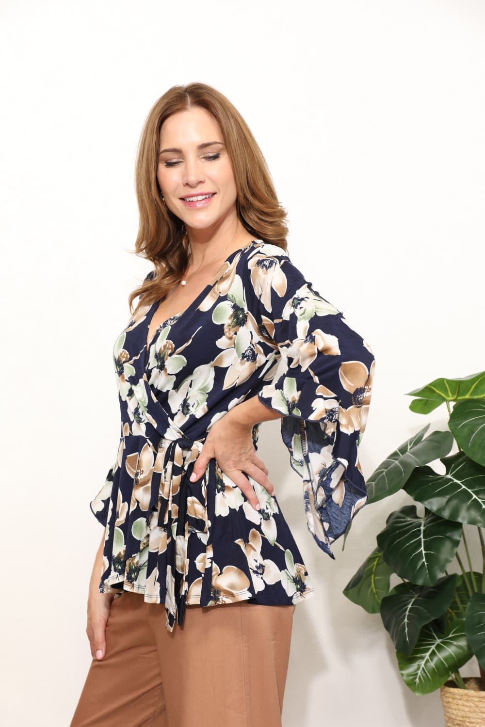 Sew In Love - Printed Angel Sleeve Wrap Top in Dark Blue