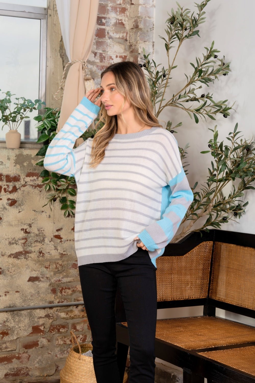 Sew In Love - Striped Dropped Shoulder Sweater in Blue Mint