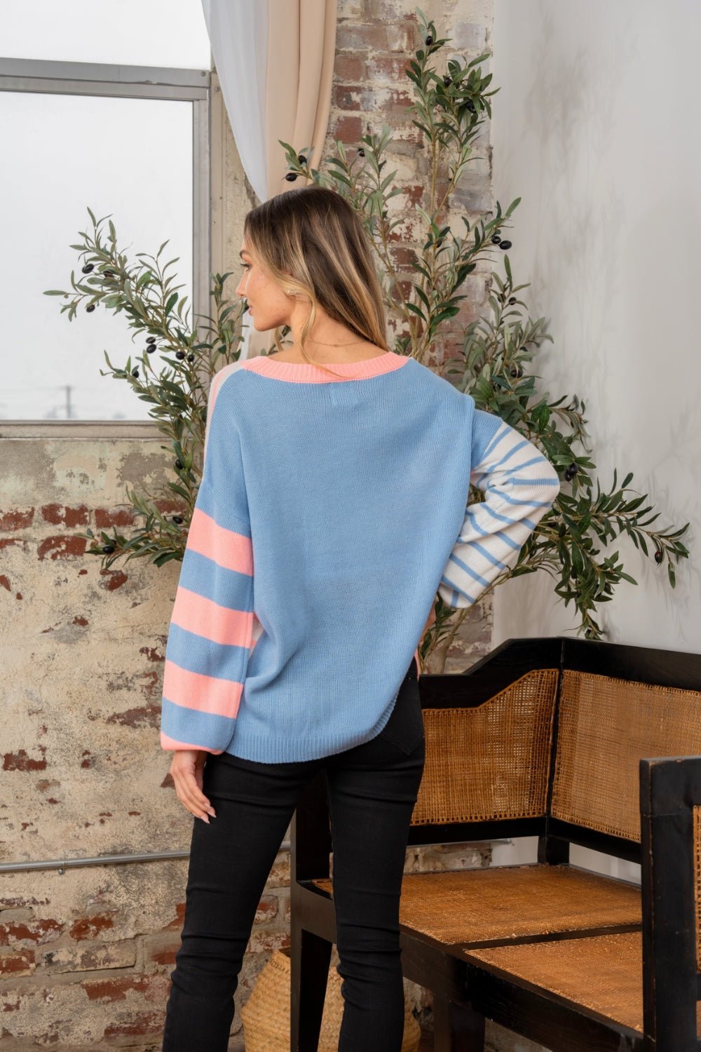 Sew In Love - Striped Dropped Shoulder Sweater in Neon Coral Denim Blue