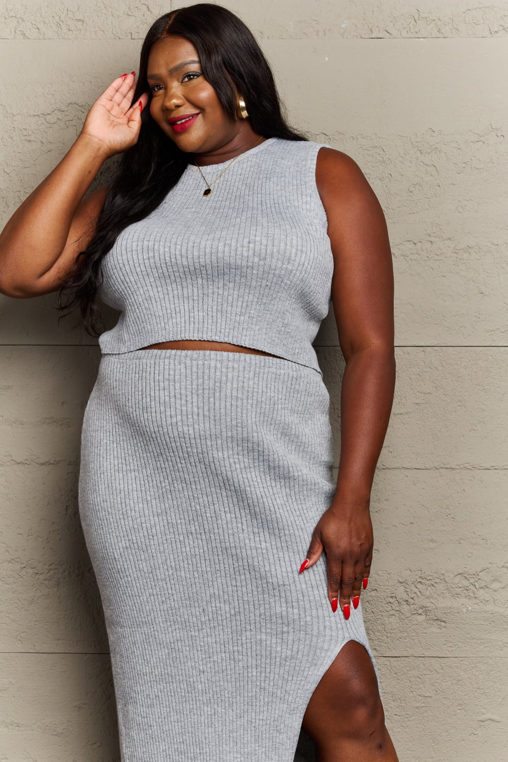 Sew In Love - Two - Piece Sleeveless Knit Maxi Skirt Set in Dark Gray