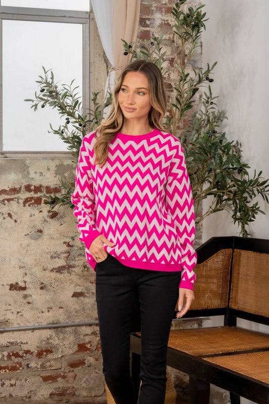 Sew In Love - Wave Stripe Contrast Long Sleeve Sweater in Fuchsia Ivory