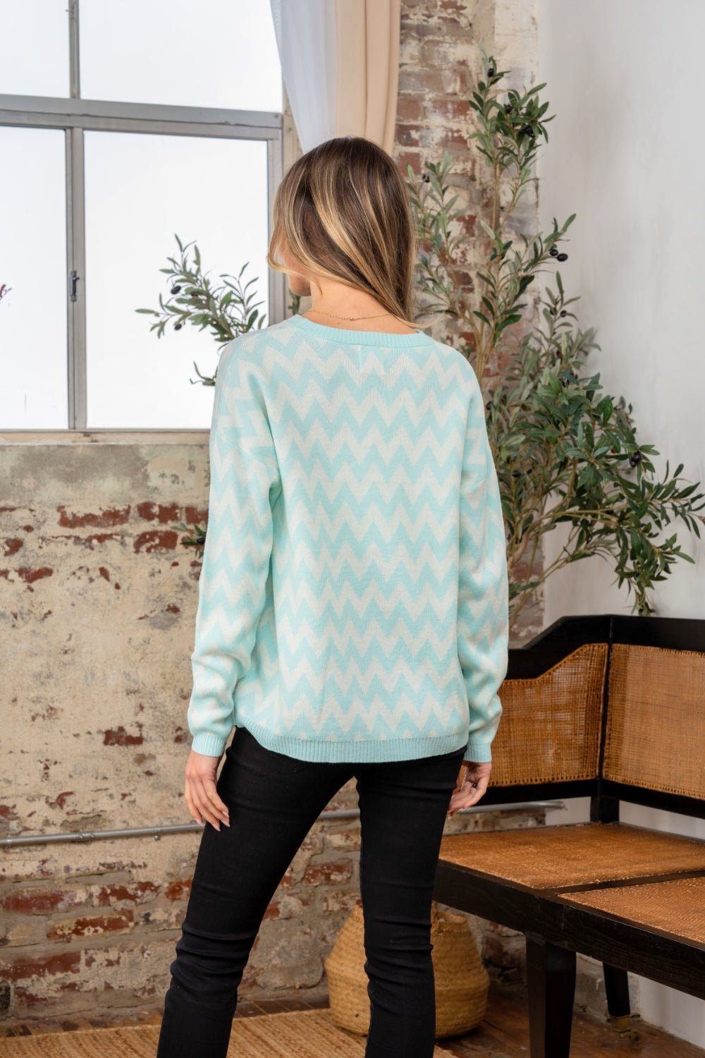 Sew In Love - Wave Stripe Contrast Long Sleeve Sweater in Mint White