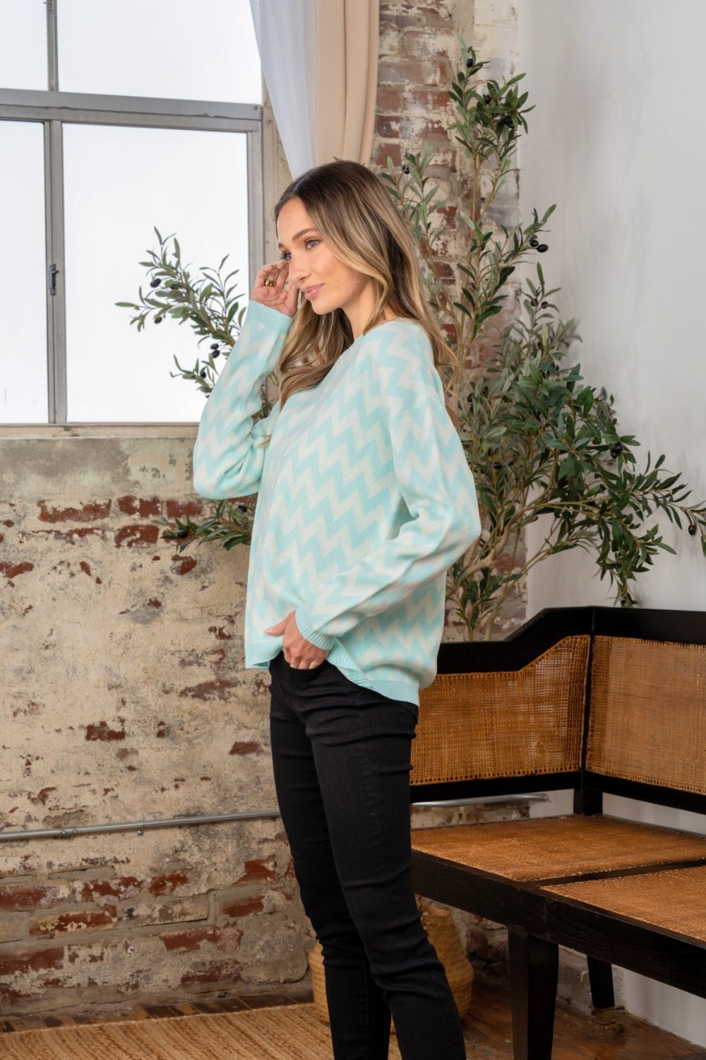 Sew In Love - Wave Stripe Contrast Long Sleeve Sweater in Mint White