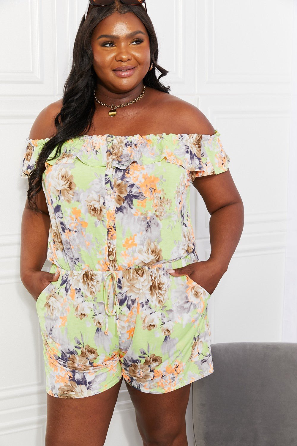 Sew In LoveFloral Off - Shoulder Romper in Neon Yellow