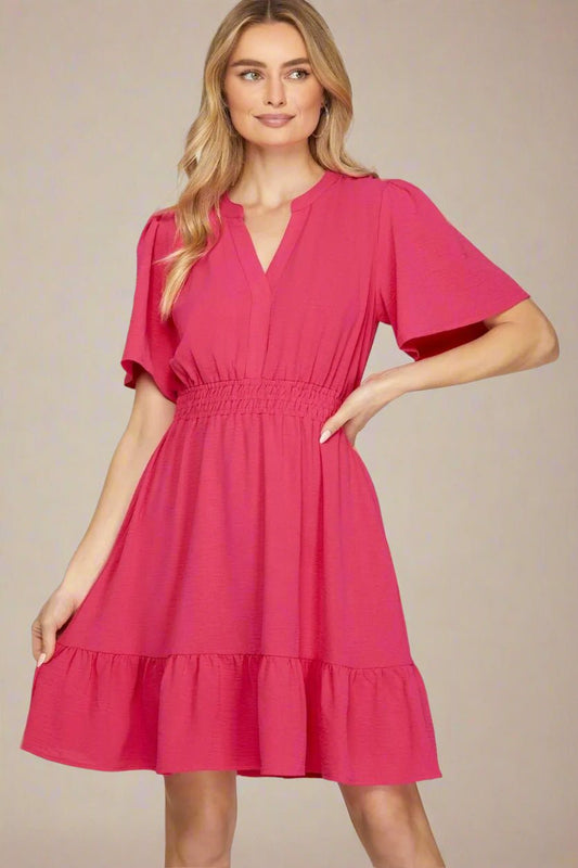 SHE + SKY - Berry Smocked Waist Tiered Mini Dress