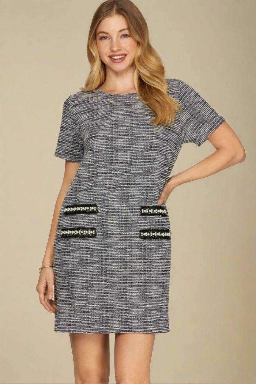 SHE + SKY - Black Short Sleeve Pearl Detail Tweed Mini Dress