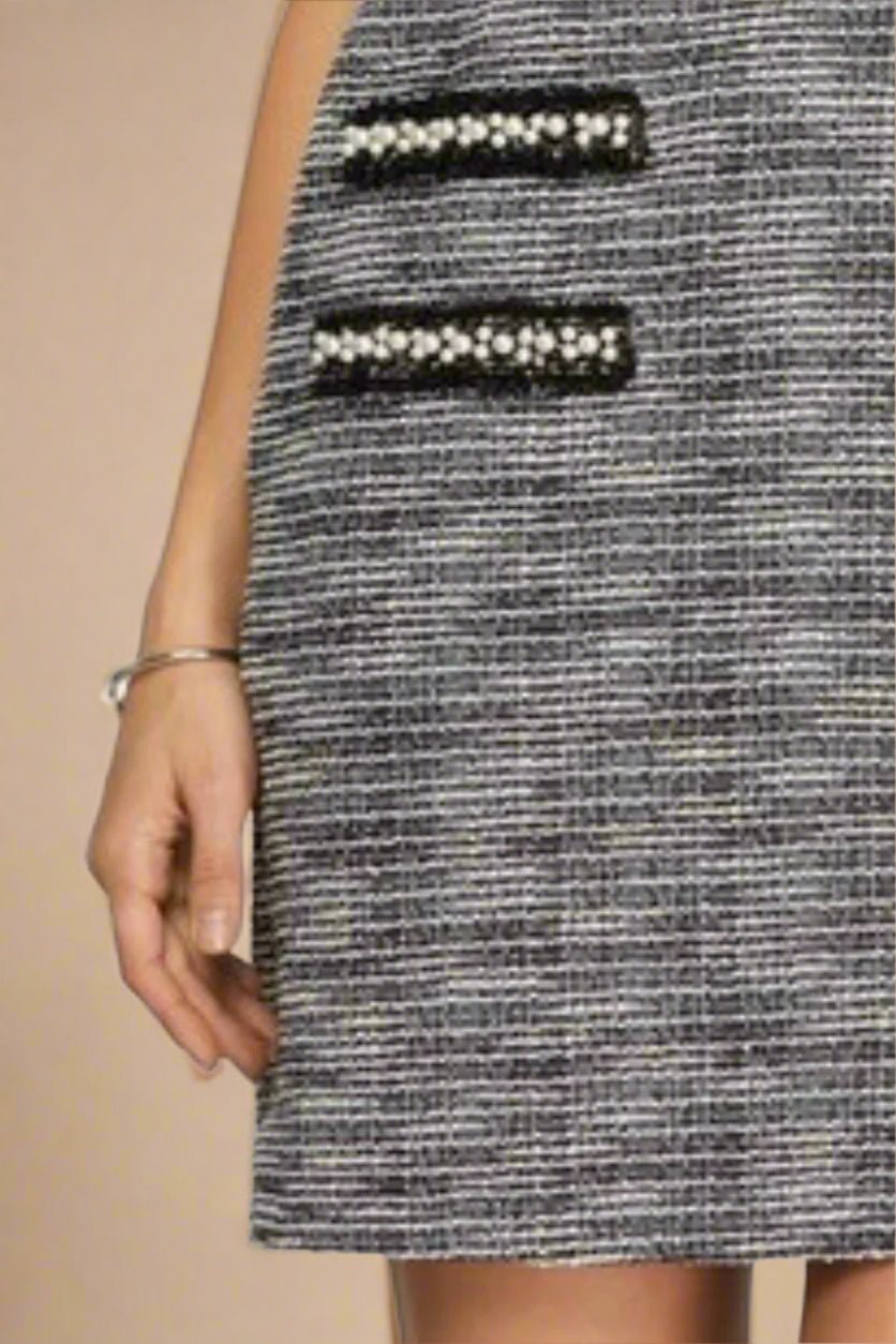 SHE + SKY - Black Short Sleeve Pearl Detail Tweed Mini Dress