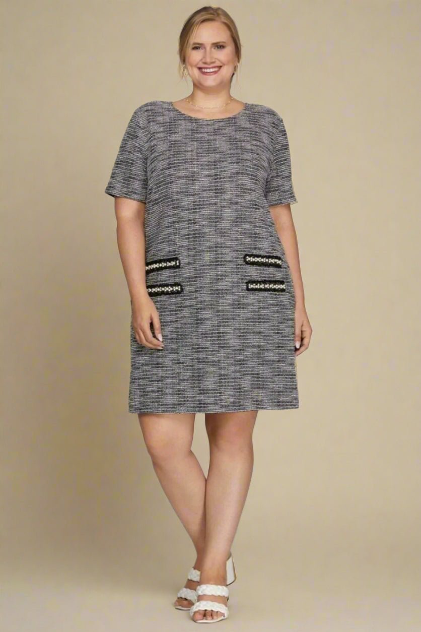 SHE + SKY - Black Short Sleeve Pearl Detail Tweed Mini Dress
