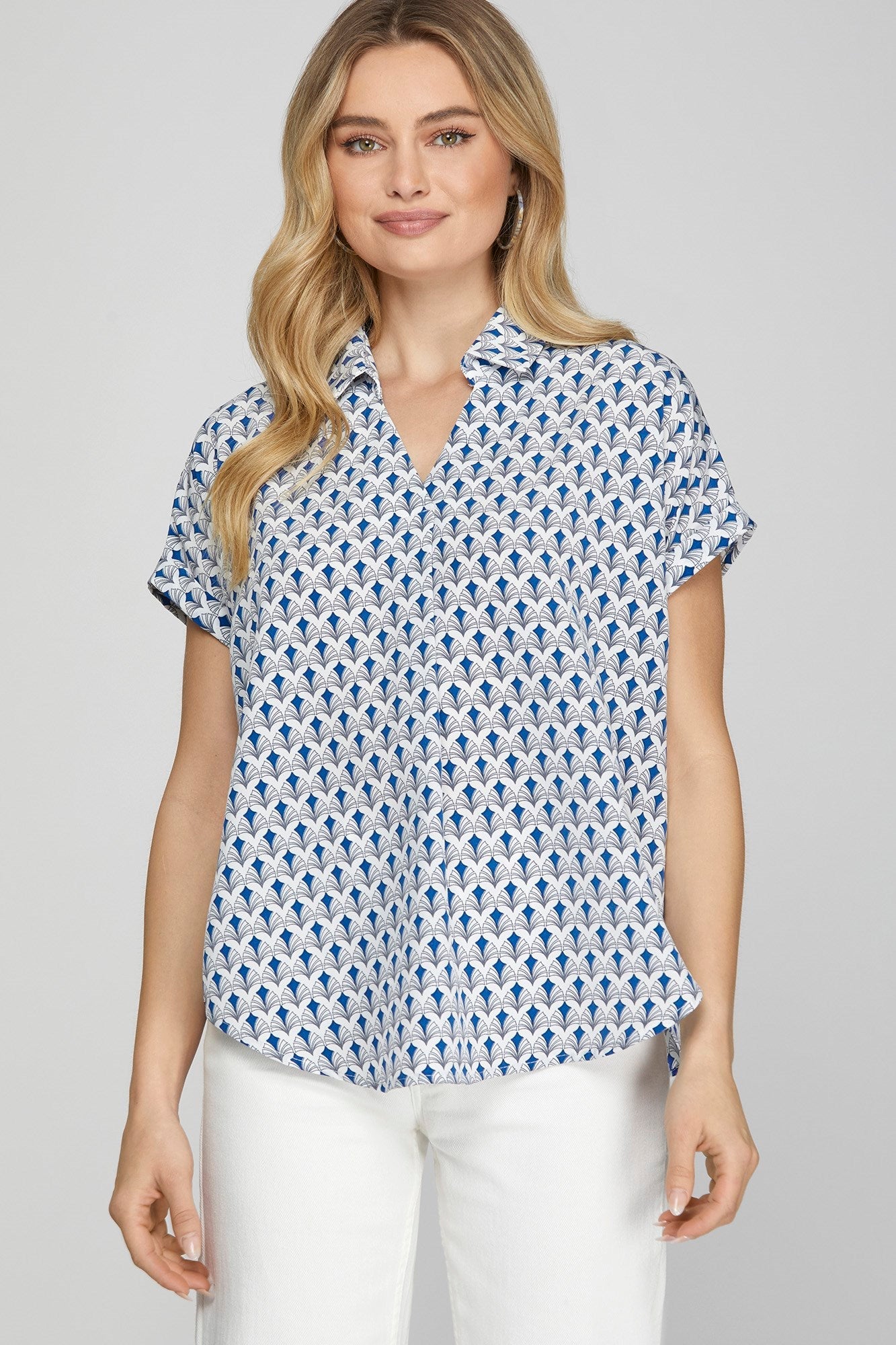 SHE + SKY - Cap Sleeve Button Blouse – Blue Fan Print