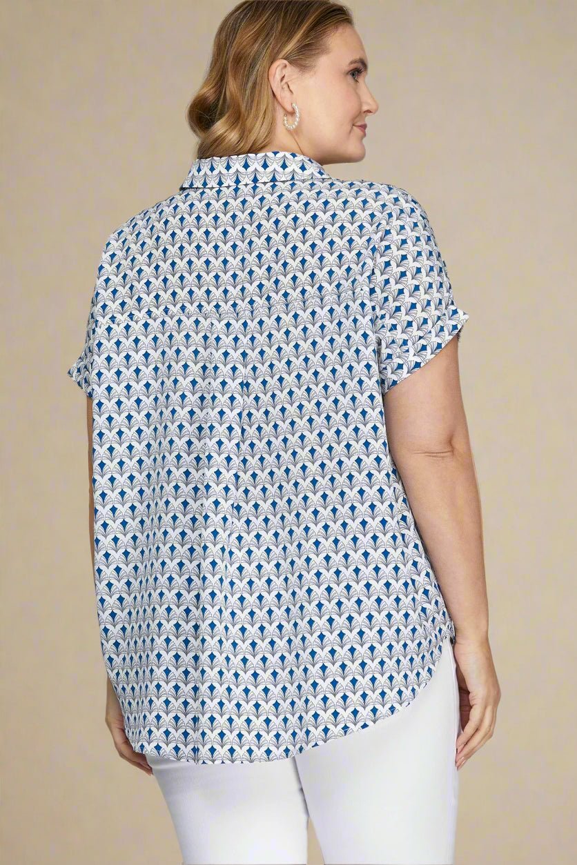 SHE + SKY - Cap Sleeve Button Blouse – Blue Fan Print