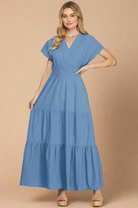 SHE + SKY - Chambray Blue Smocked Tiered Maxi Dress
