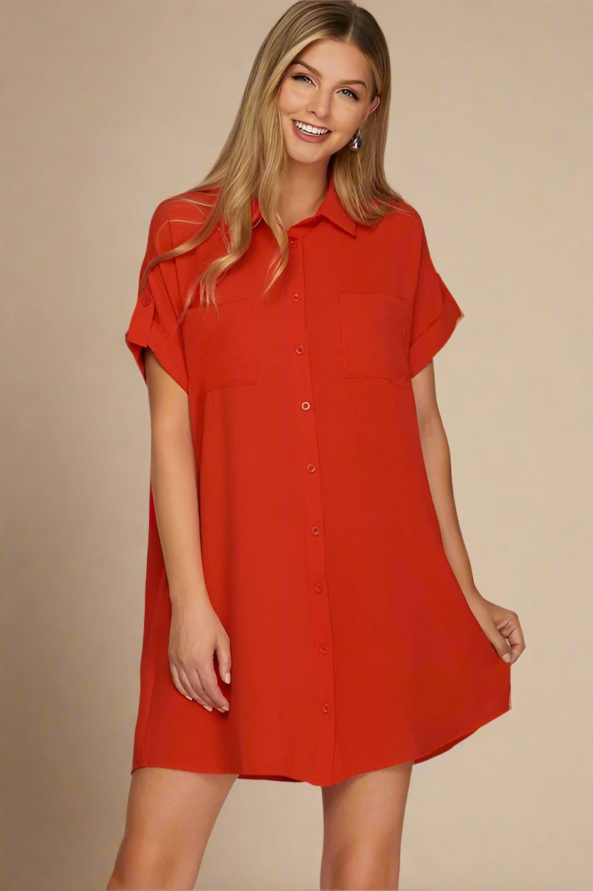 SHE + SKY - Deep Red Short Sleeve Mini Shirt Dress