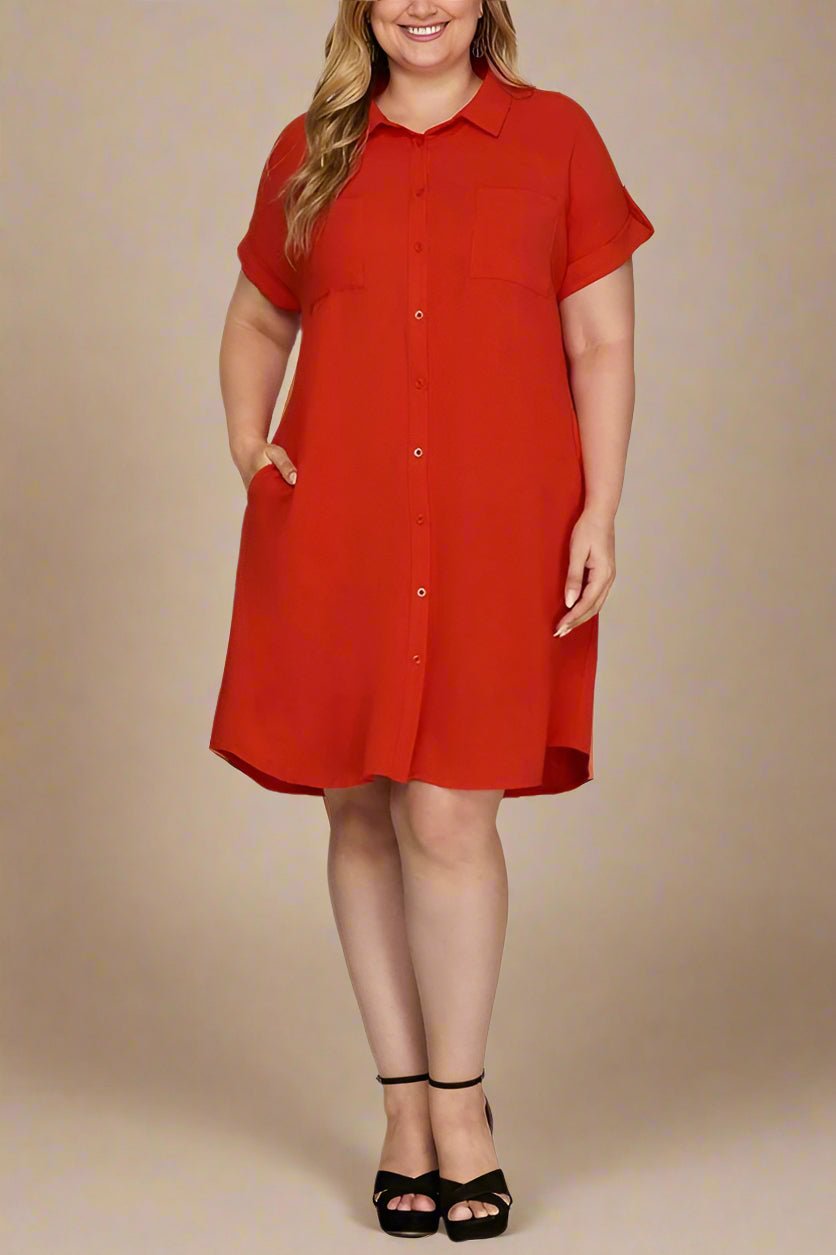 SHE + SKY - Deep Red Short Sleeve Mini Shirt Dress