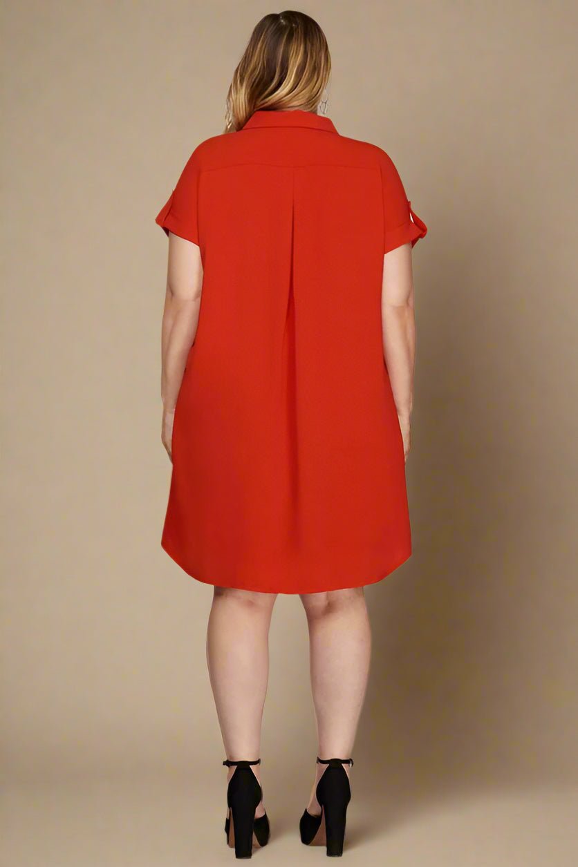 SHE + SKY - Deep Red Short Sleeve Mini Shirt Dress