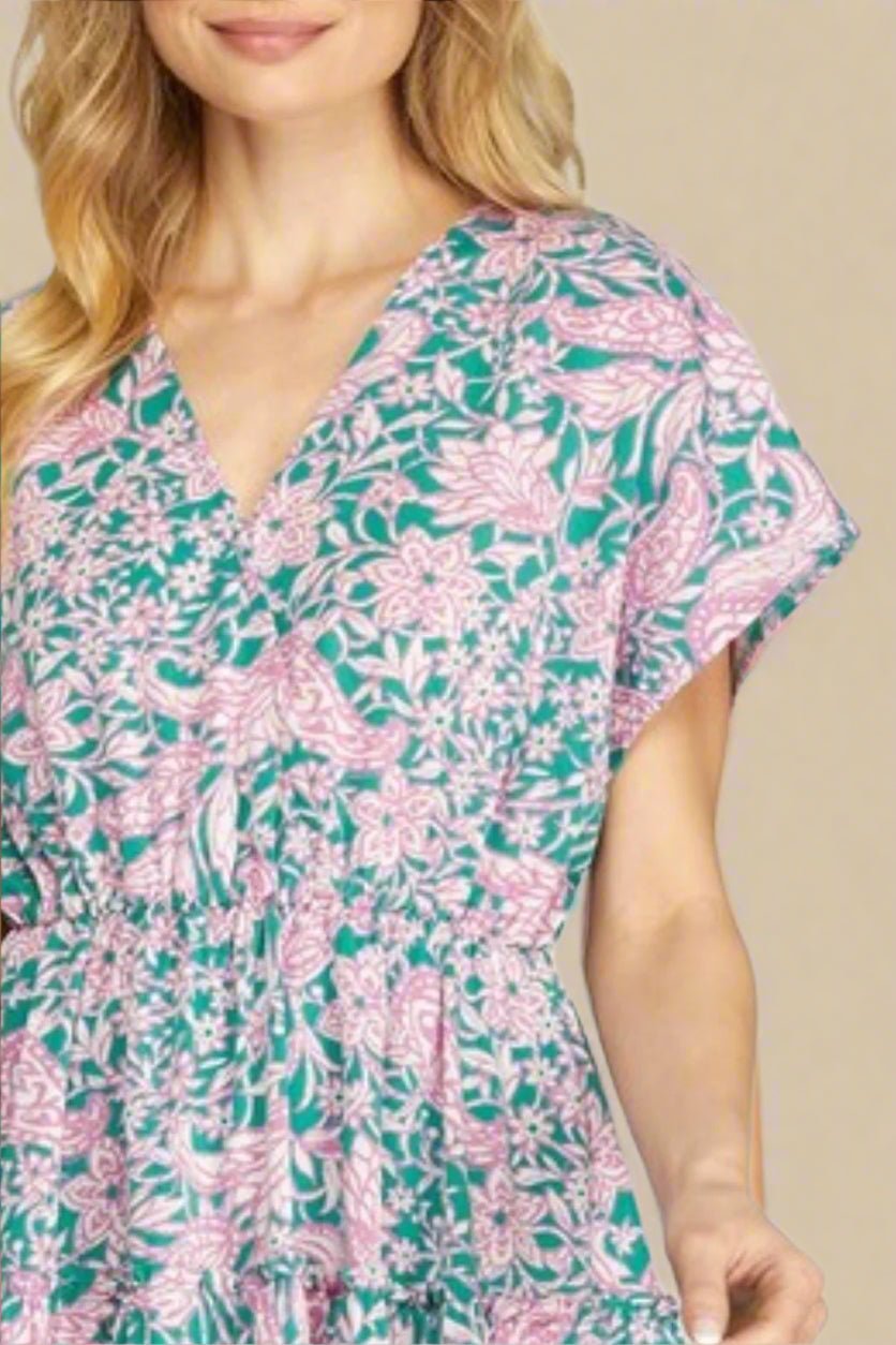 SHE + SKY - Floral Ruffled Short Sleeve Mini Dress in Turquoise