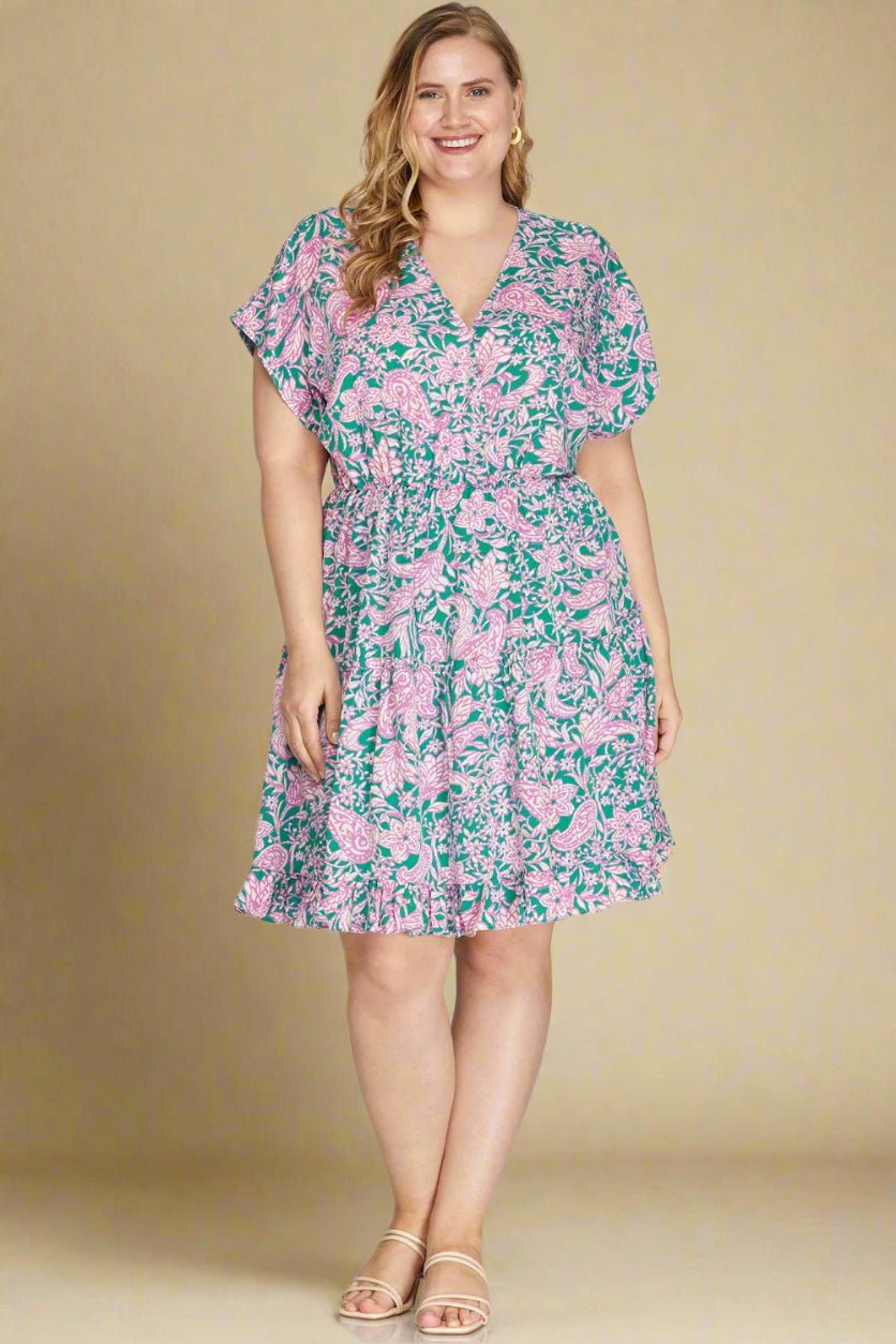 SHE + SKY - Floral Ruffled Short Sleeve Mini Dress in Turquoise