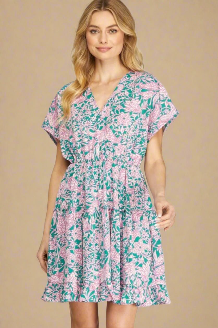 SHE + SKY - Floral Ruffled Short Sleeve Mini Dress in Turquoise