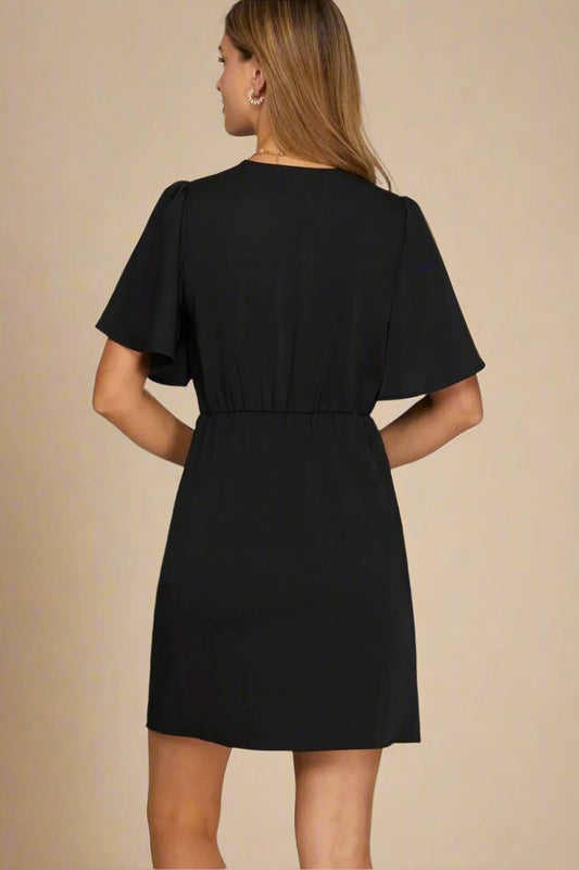 SHE + SKY - Flutter Sleeve Wrap Mini Dress – Midnight Black