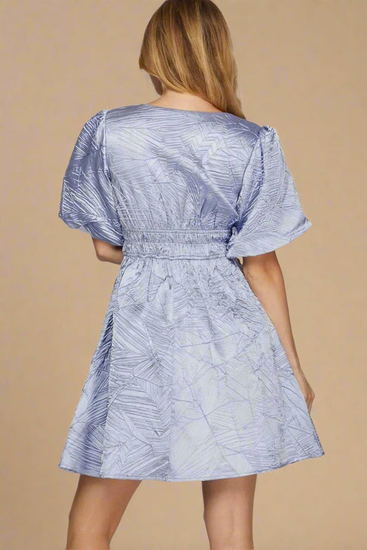 SHE + SKY - Light Periwinkle Textured Puff Sleeve Mini Dress