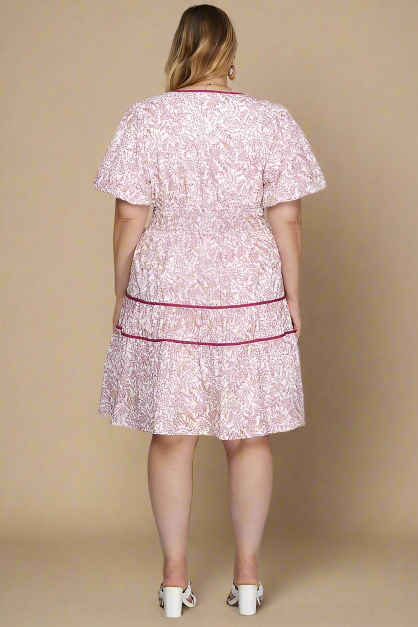 SHE + SKY - Printed V - Neck Puff Sleeve Mini Dress in Berry