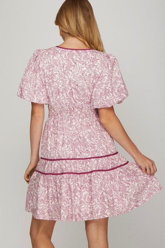 SHE + SKY - Printed V - Neck Puff Sleeve Mini Dress in Berry