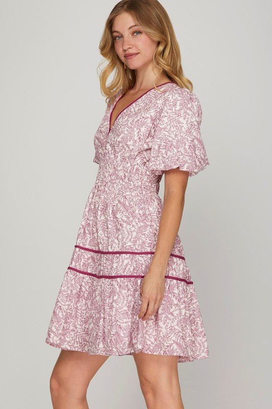 SHE + SKY - Printed V - Neck Puff Sleeve Mini Dress in Berry
