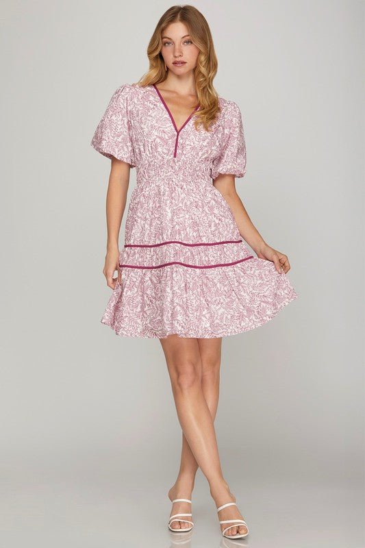 SHE + SKY - Printed V - Neck Puff Sleeve Mini Dress in Berry