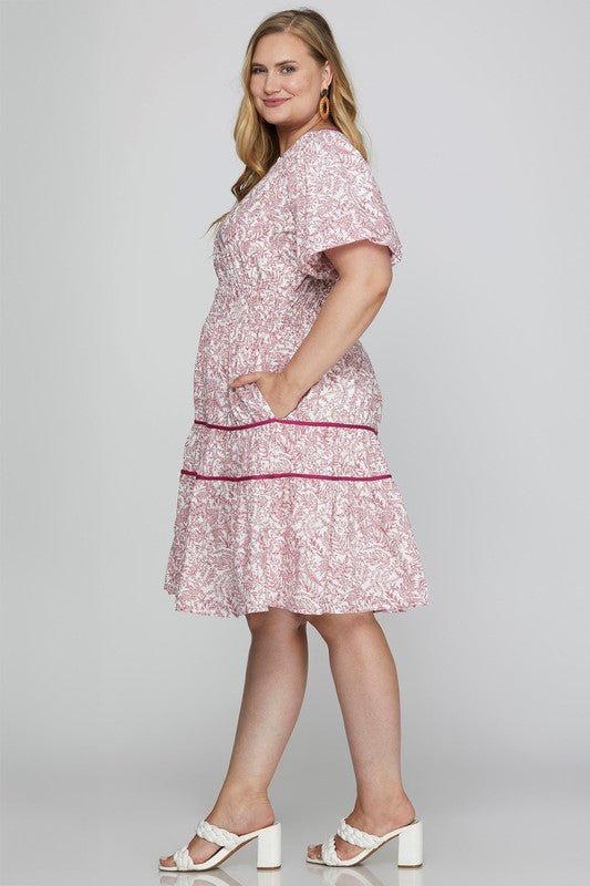 SHE + SKY - Printed V - Neck Puff Sleeve Mini Dress in Berry