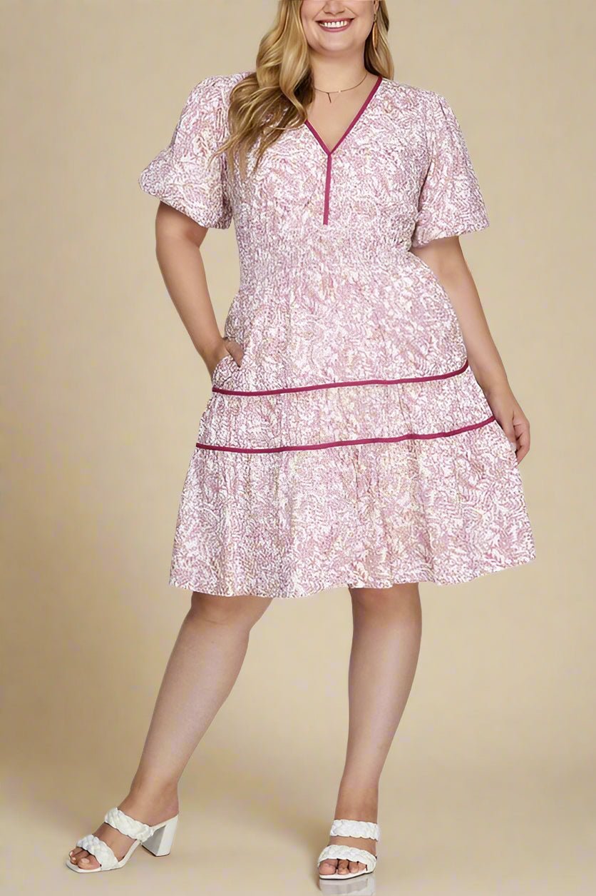 SHE + SKY - Printed V - Neck Puff Sleeve Mini Dress in Berry