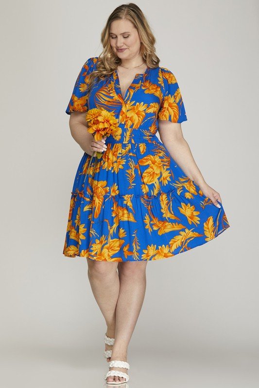 SHE + SKY - Royal Blue Printed Short Sleeve Tiered Mini Dress