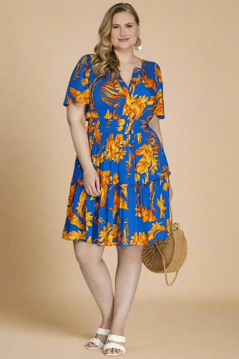 SHE + SKY - Royal Blue Printed Short Sleeve Tiered Mini Dress