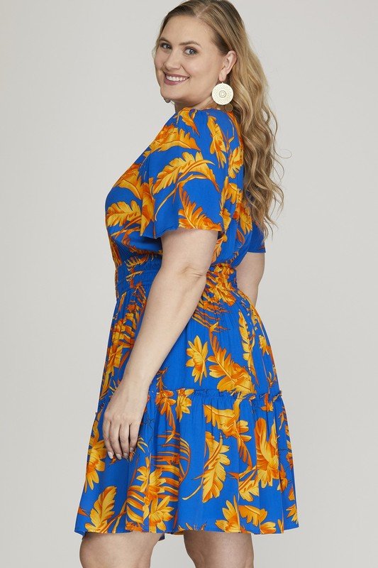 SHE + SKY - Royal Blue Printed Short Sleeve Tiered Mini Dress