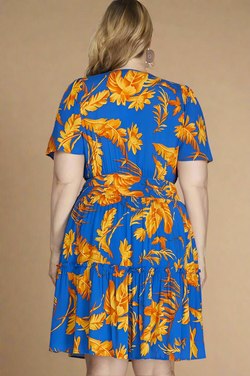 SHE + SKY - Royal Blue Printed Short Sleeve Tiered Mini Dress