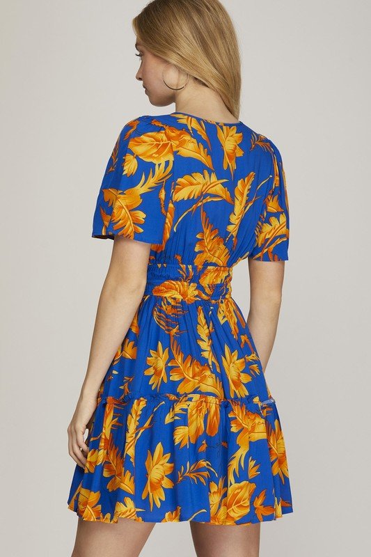 SHE + SKY - Royal Blue Printed Short Sleeve Tiered Mini Dress