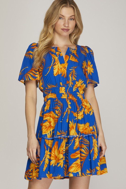 SHE + SKY - Royal Blue Printed Short Sleeve Tiered Mini Dress