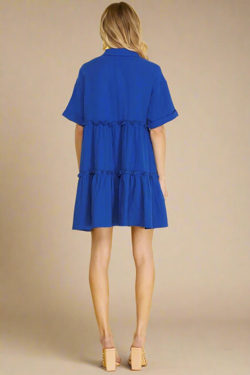 SHE + SKY - Tiered Gauze Mini Shirt Dress in Cobalt Blue