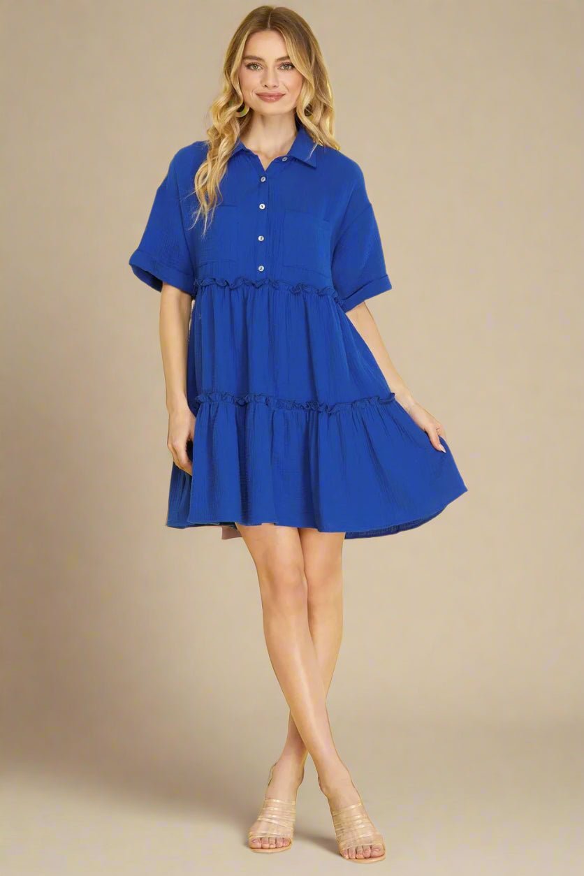 SHE + SKY - Tiered Gauze Mini Shirt Dress in Cobalt Blue