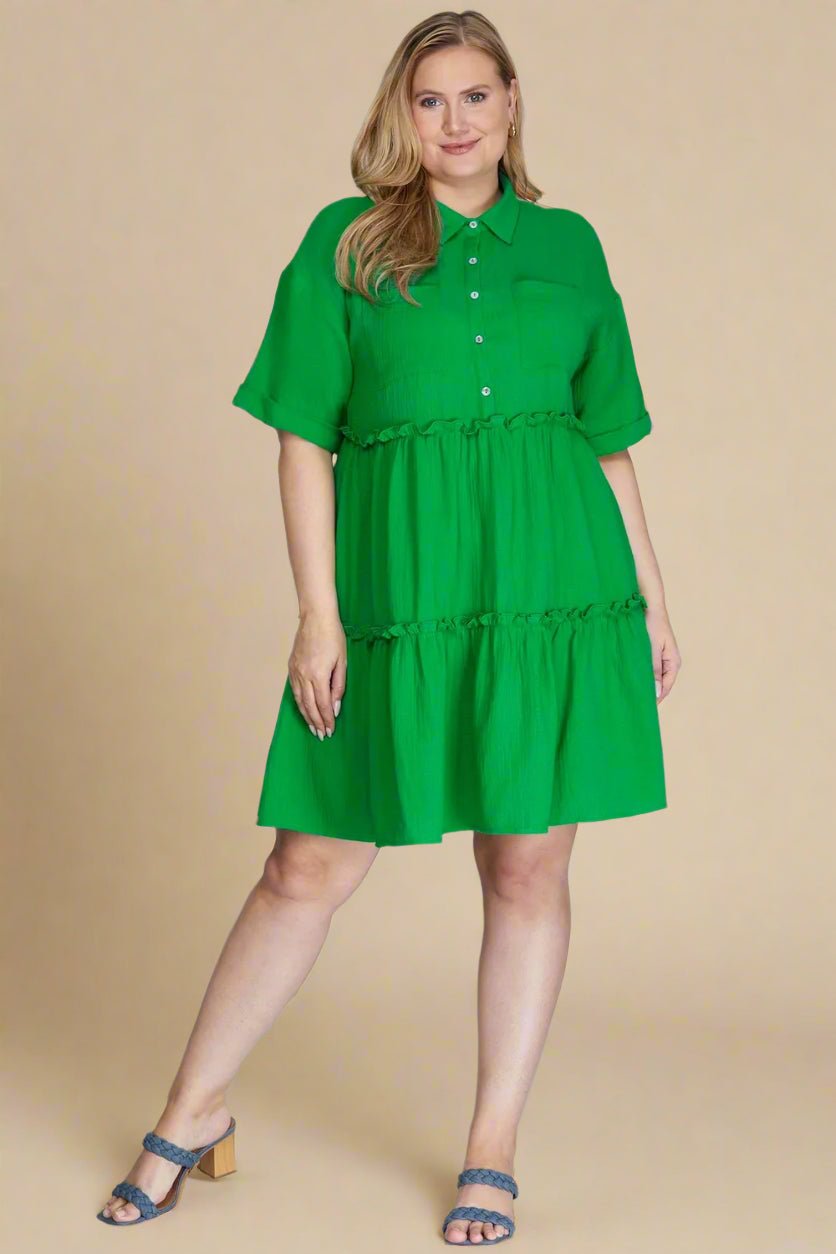 SHE + SKY - Tiered Gauze Mini Shirt Dress in Kelly Green