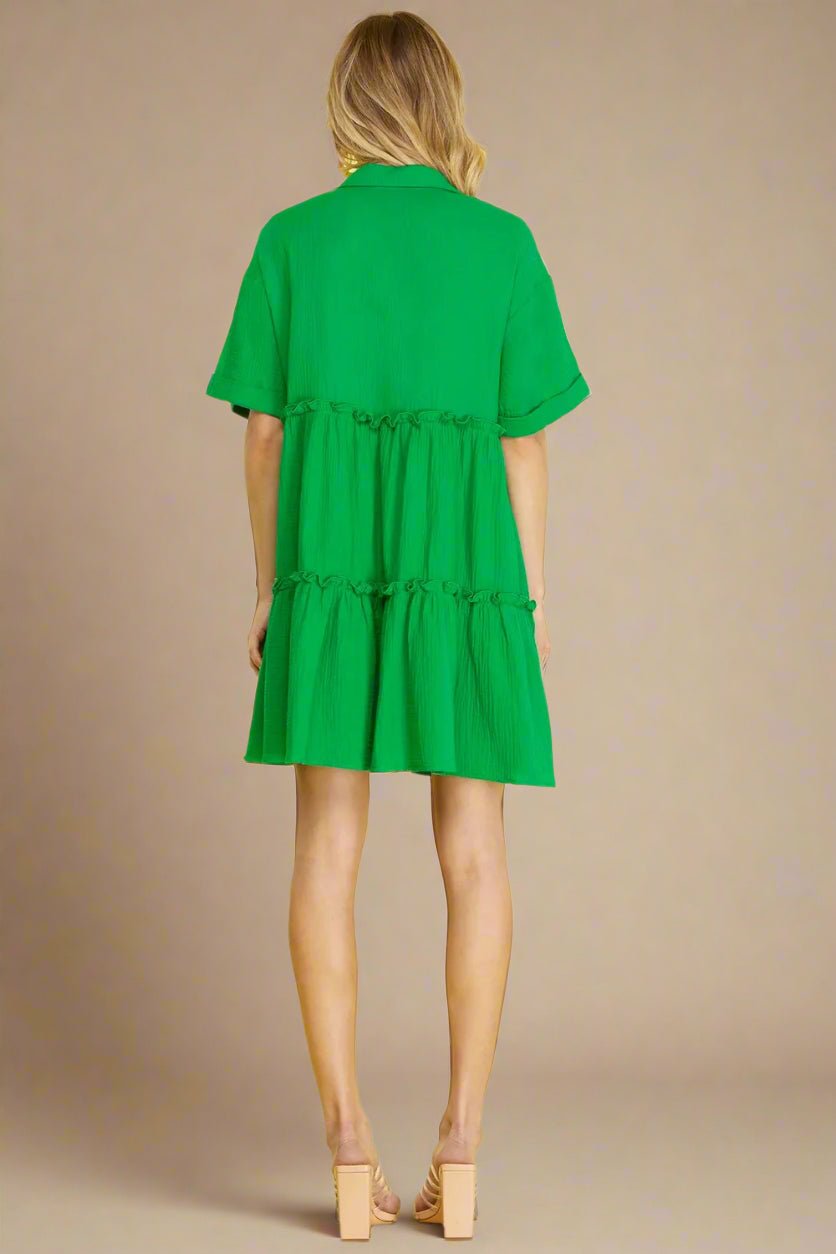 SHE + SKY - Tiered Gauze Mini Shirt Dress in Kelly Green